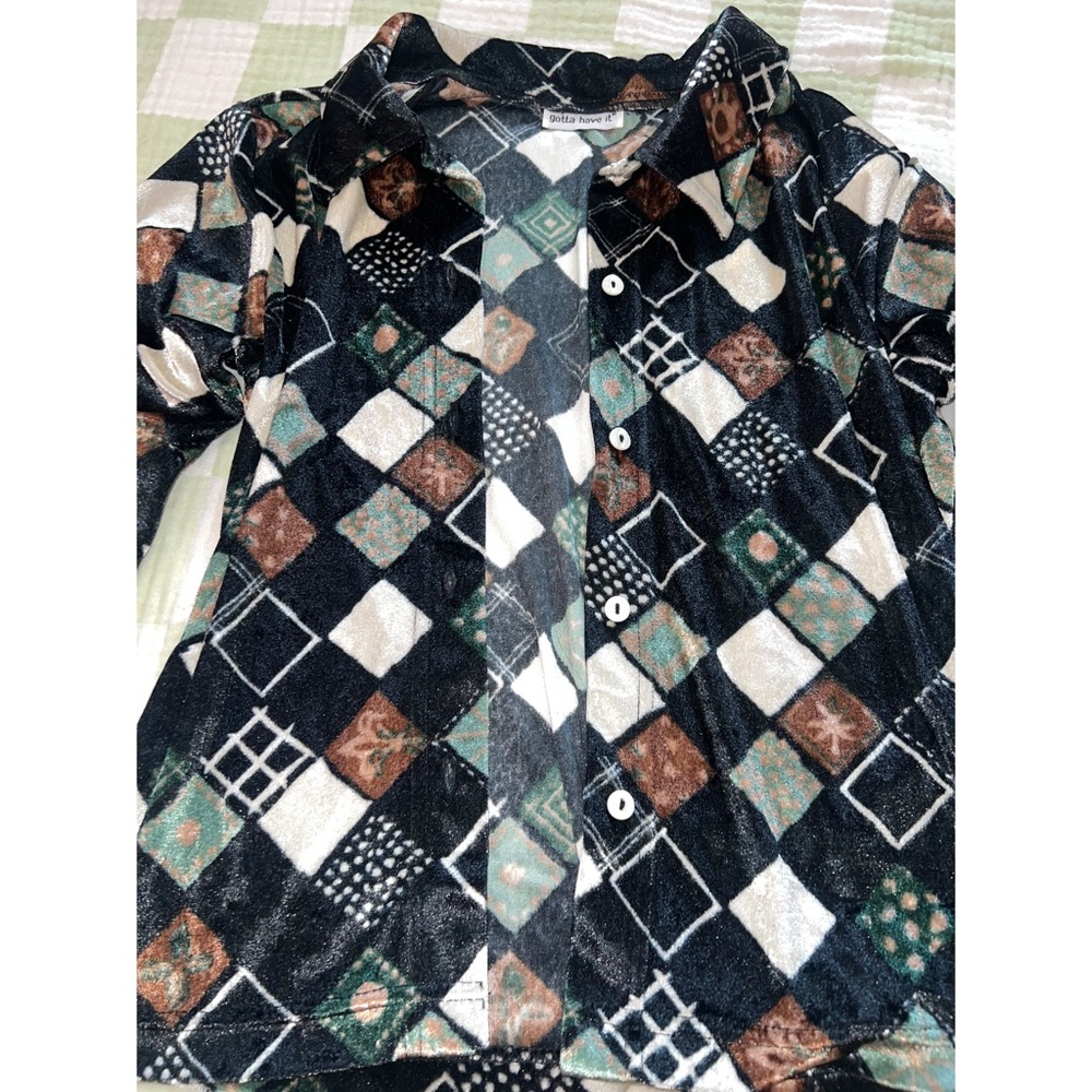 Geometric Patterned Velvet Button-Up Shirt - image 2